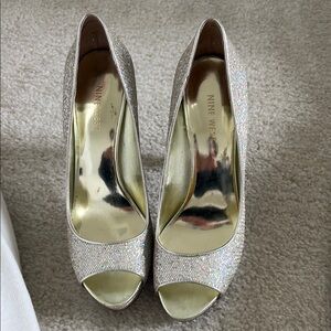 Nine West Silver Glitter Peep Toe Heels